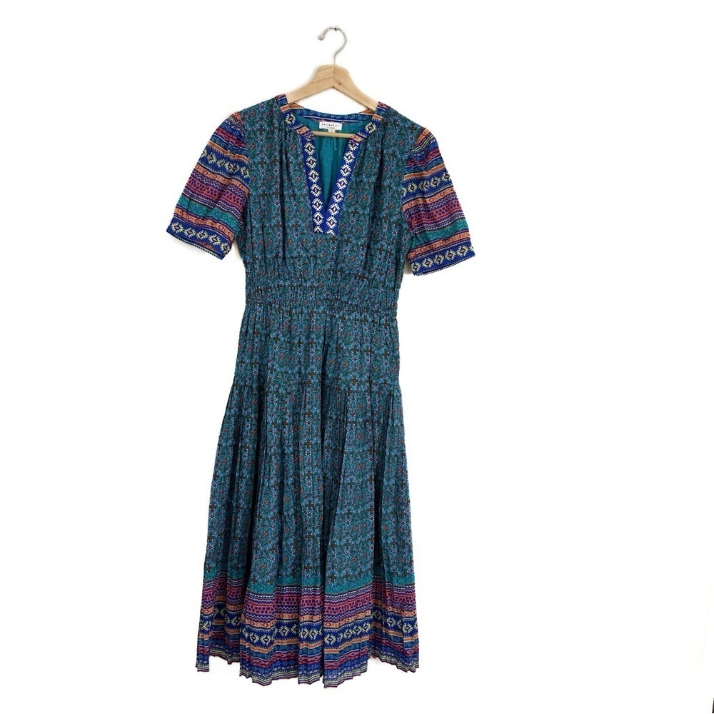 Anthropologie Current Air Teal Blue Floral Poplin Pleated Midi Dress Women Small